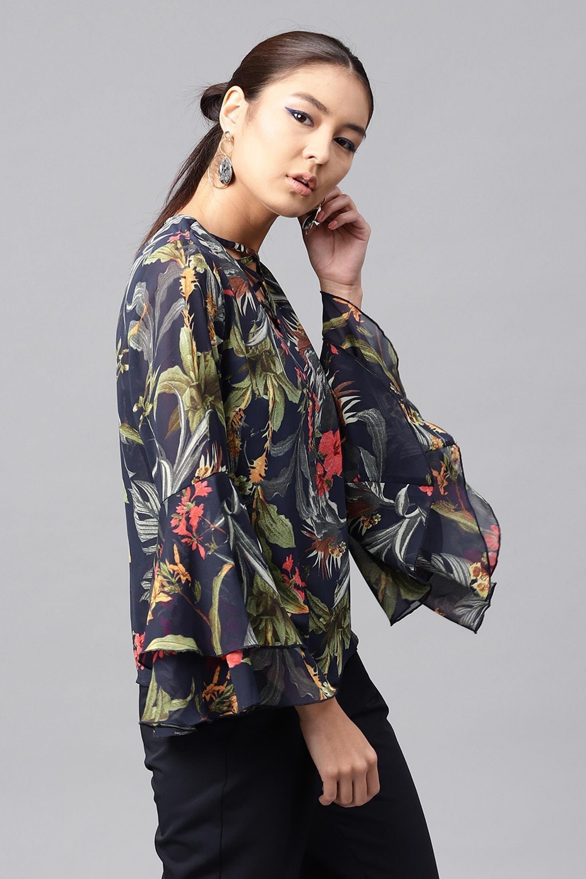 Women's Navy Tropical Bell Sleeves Top