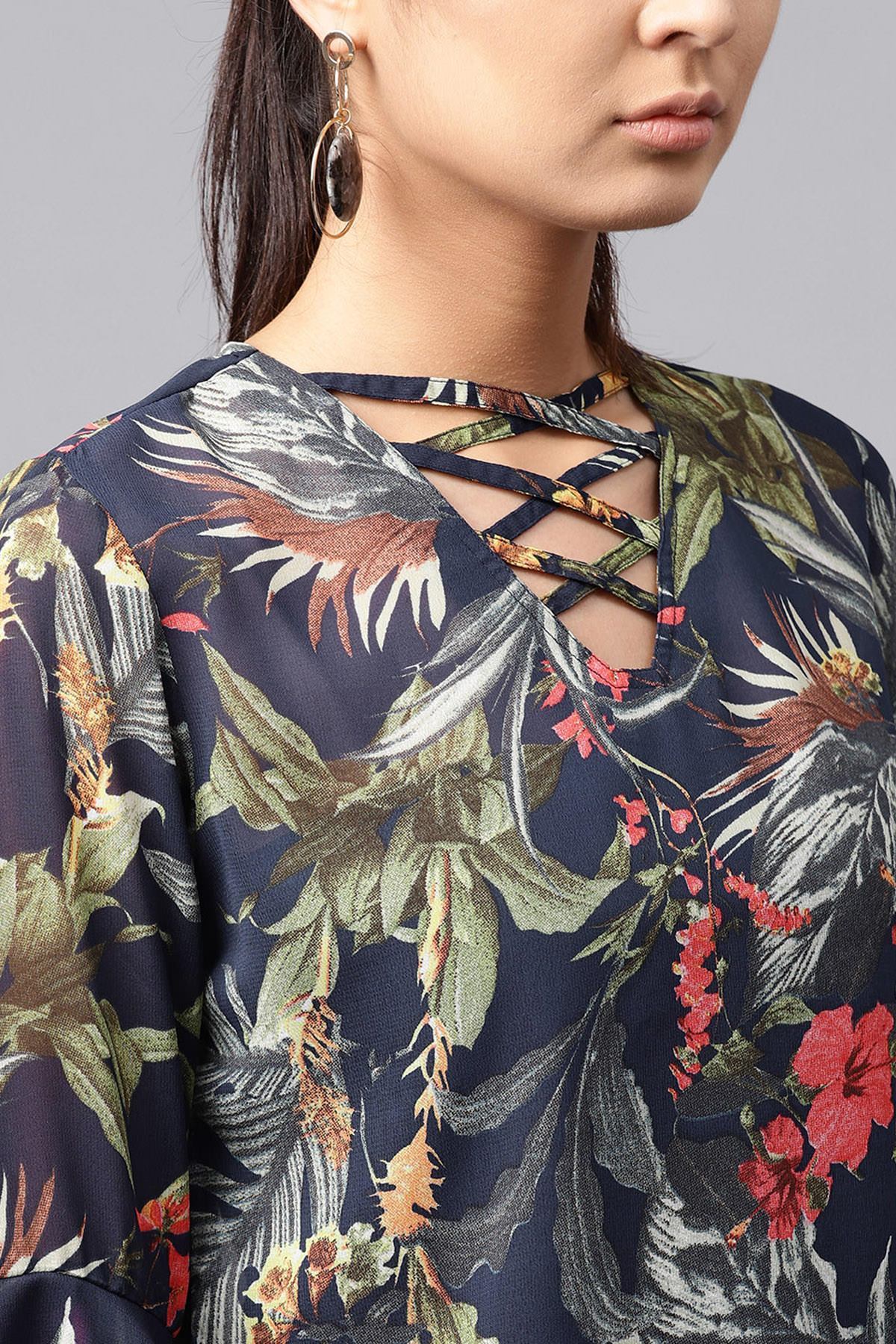 Women's Navy Tropical Bell Sleeves Top