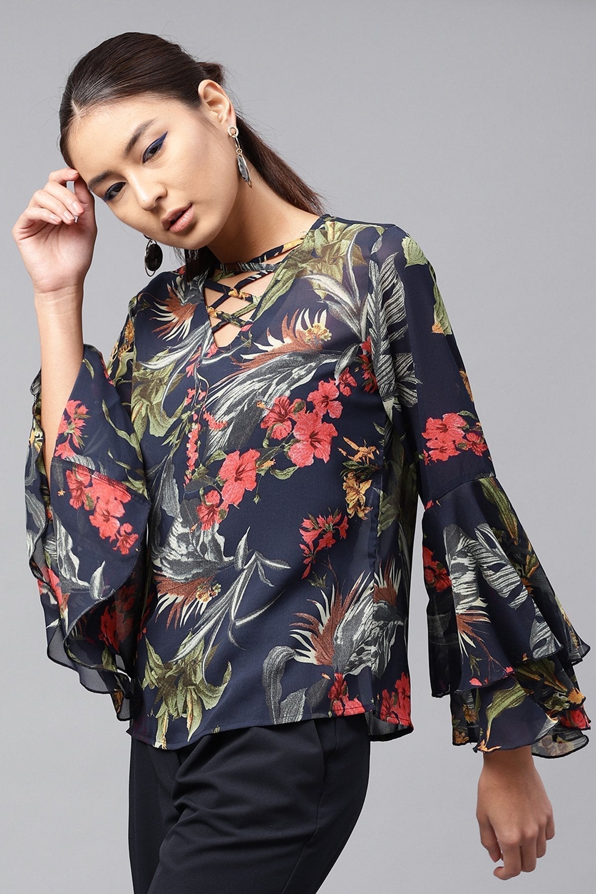 Women's Navy Tropical Bell Sleeves Top