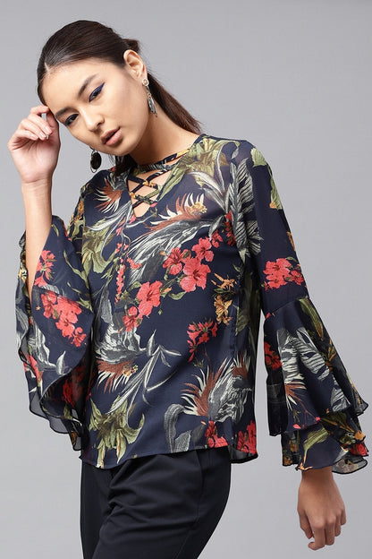 Women's Navy Tropical Bell Sleeves Top