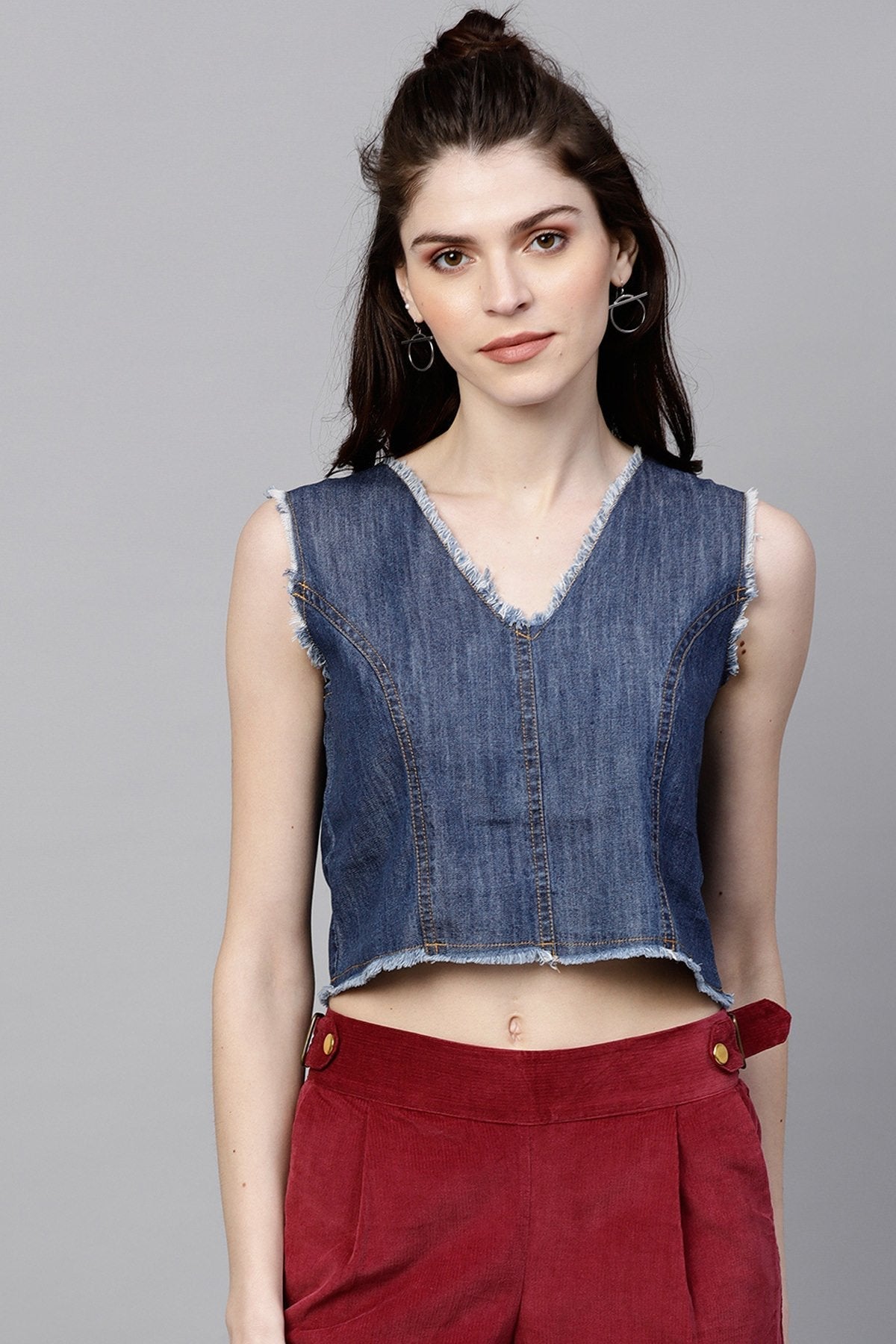 Women's Blue Denim Sleeveless Crop Top