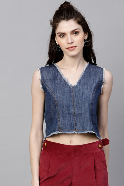 Women's Blue Denim Sleeveless Crop Top