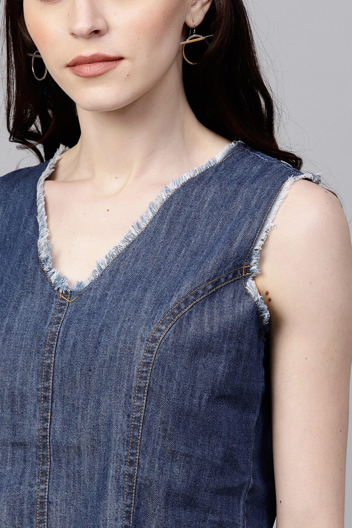 Women's Blue Denim Sleeveless Crop Top