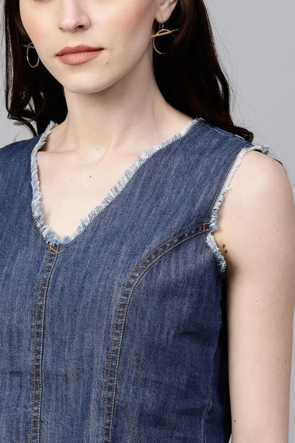 Women's Blue Denim Sleeveless Crop Top
