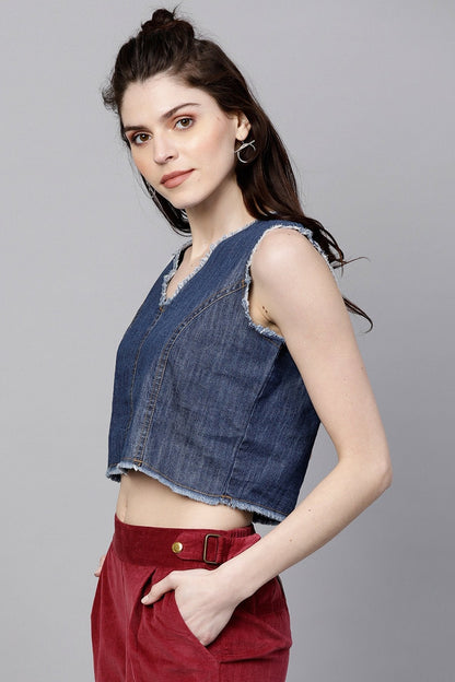 Women's Blue Denim Sleeveless Crop Top