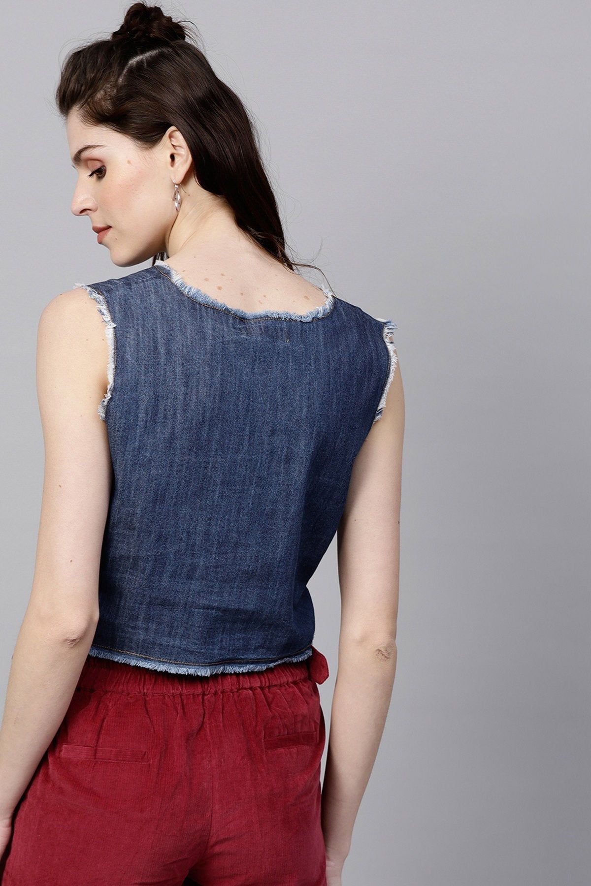 Women's Blue Denim Sleeveless Crop Top