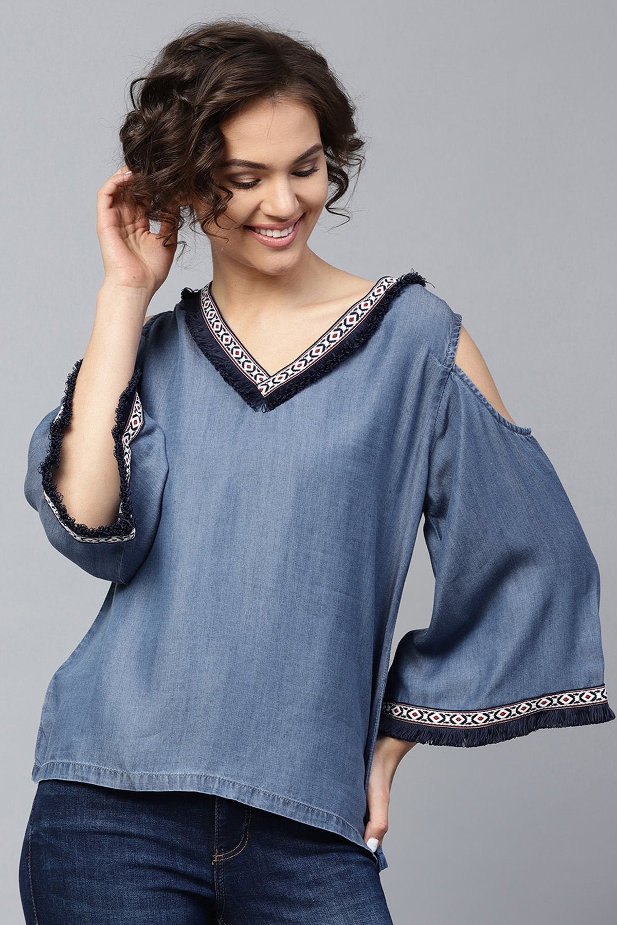 Women's Blue Denim Cold Shoulder Top
