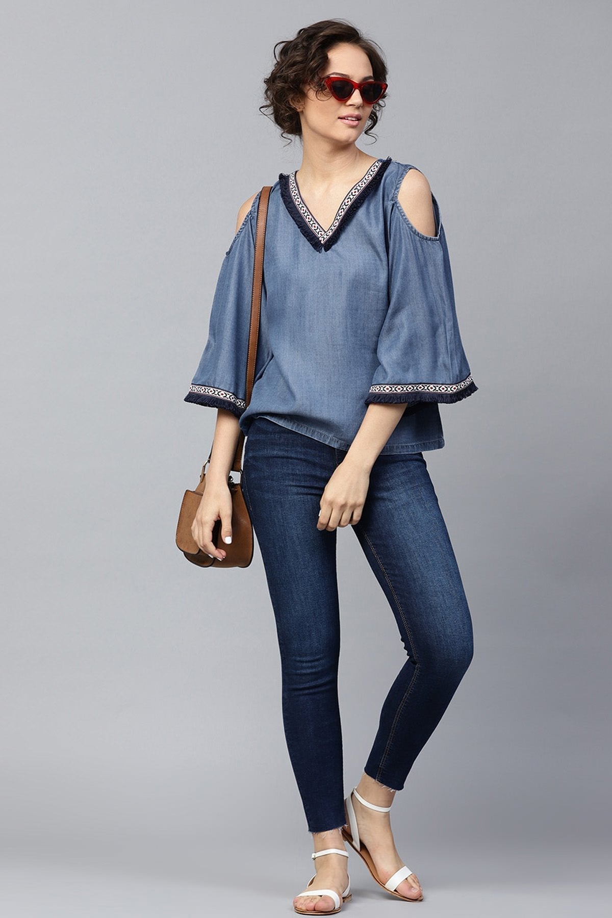 Women's Blue Denim Cold Shoulder Top