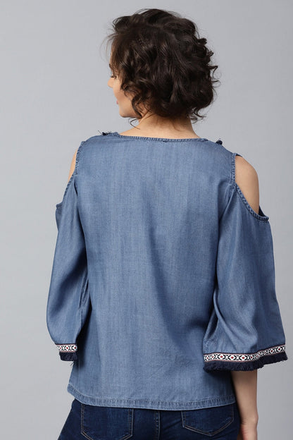 Women's Blue Denim Cold Shoulder Top