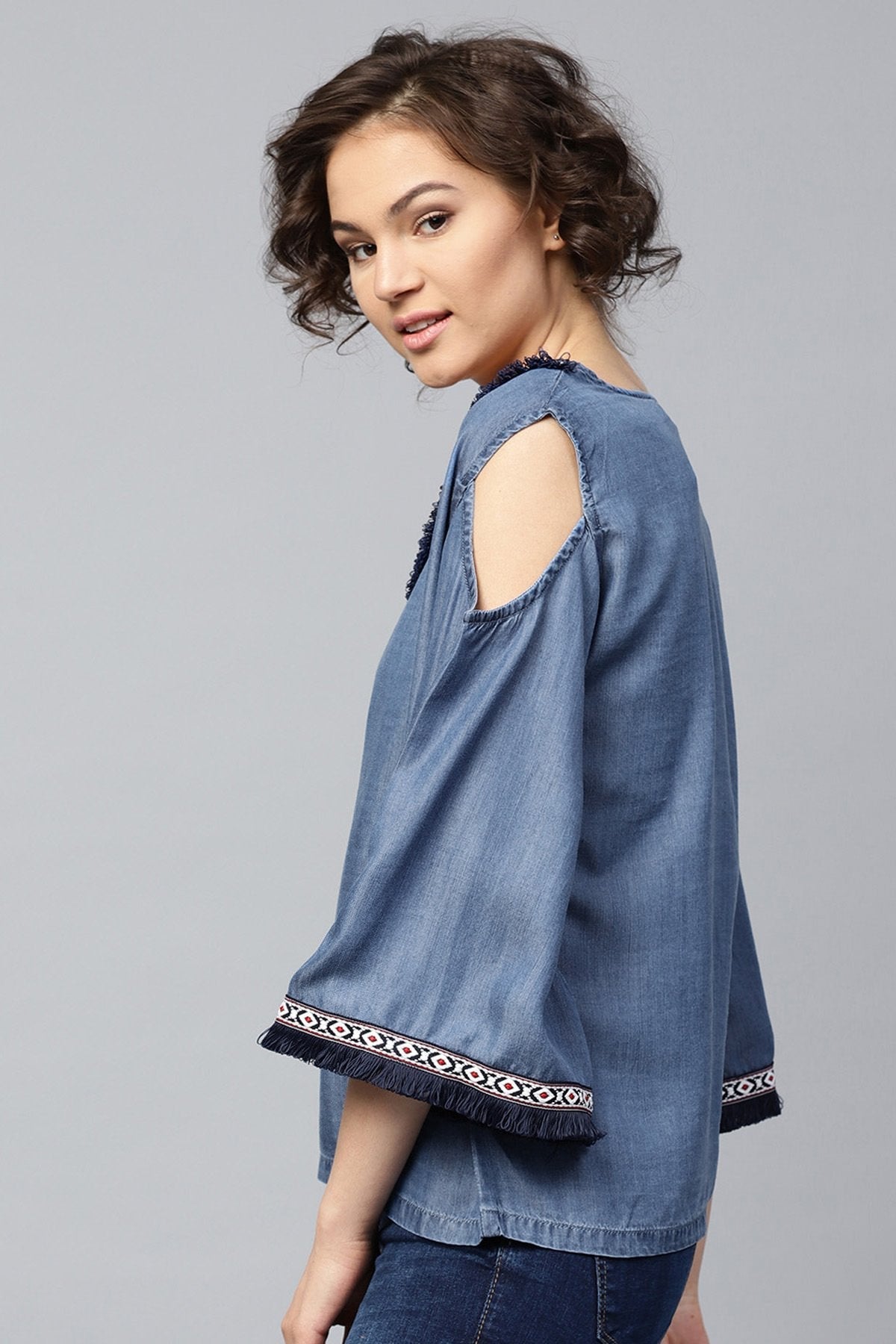 Women's Blue Denim Cold Shoulder Top