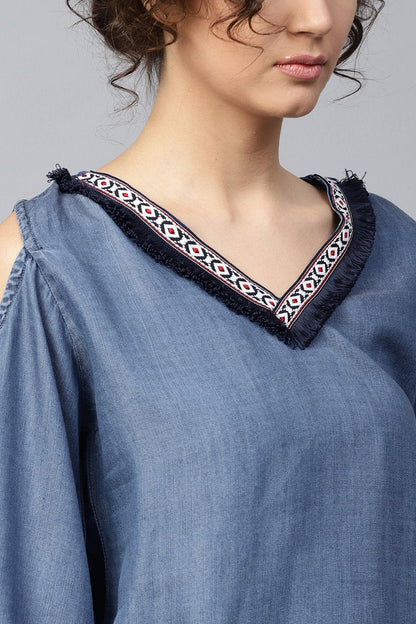 Women's Blue Denim Cold Shoulder Top