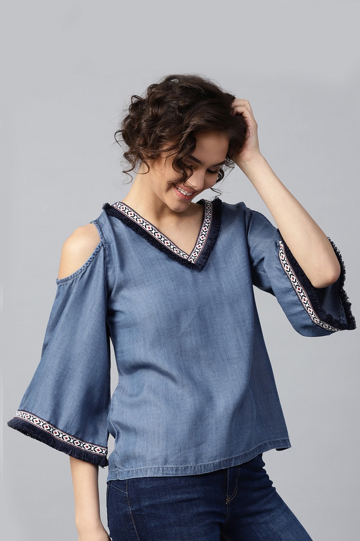 Women's Blue Denim Cold Shoulder Top