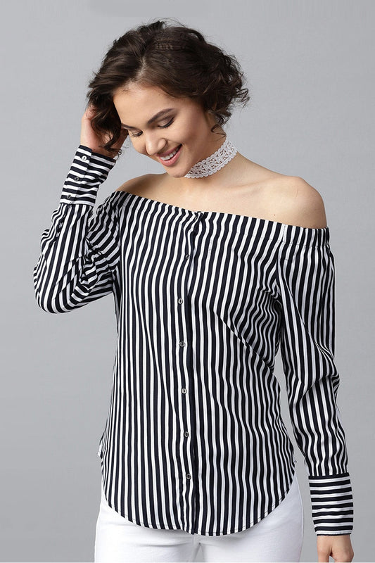 Women's Navy Striped Off Shoulder Shirt Top
