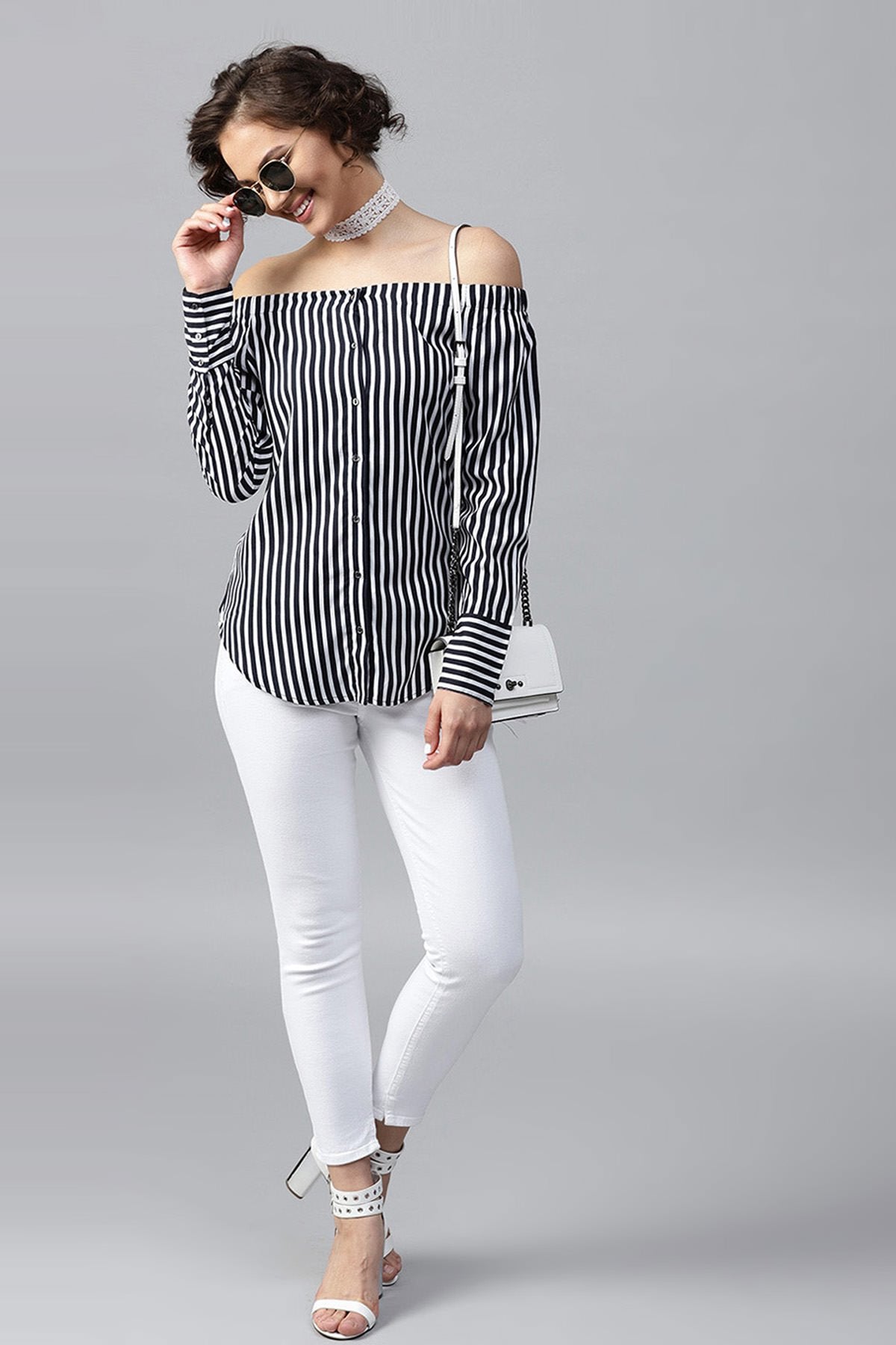 Women's Navy Striped Off Shoulder Shirt Top