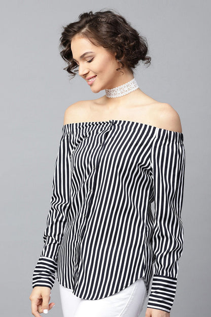 Women's Navy Striped Off Shoulder Shirt Top