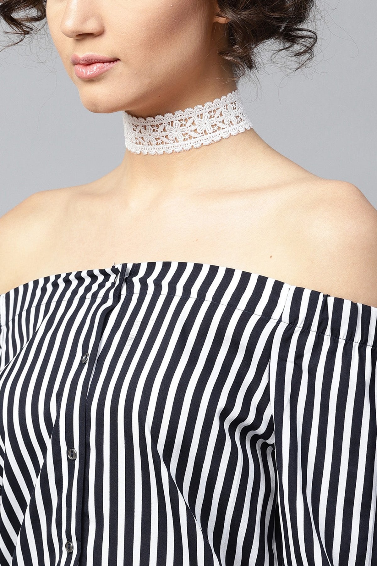 Women's Navy Striped Off Shoulder Shirt Top