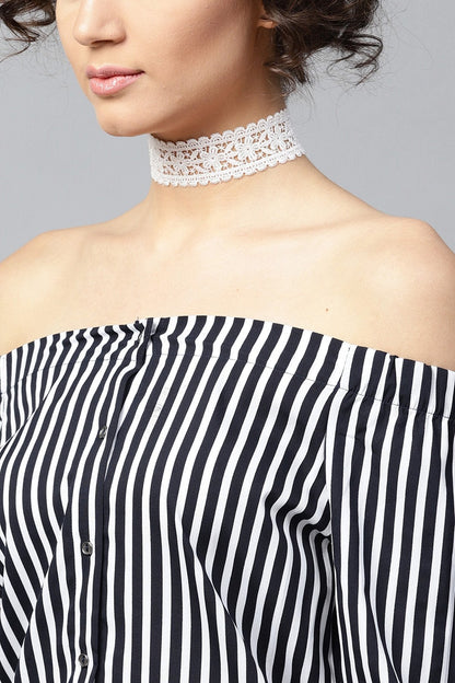 Women's Navy Striped Off Shoulder Shirt Top
