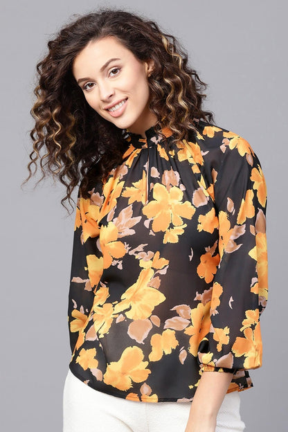 Women's Yellow Floral Pleated Collar Top