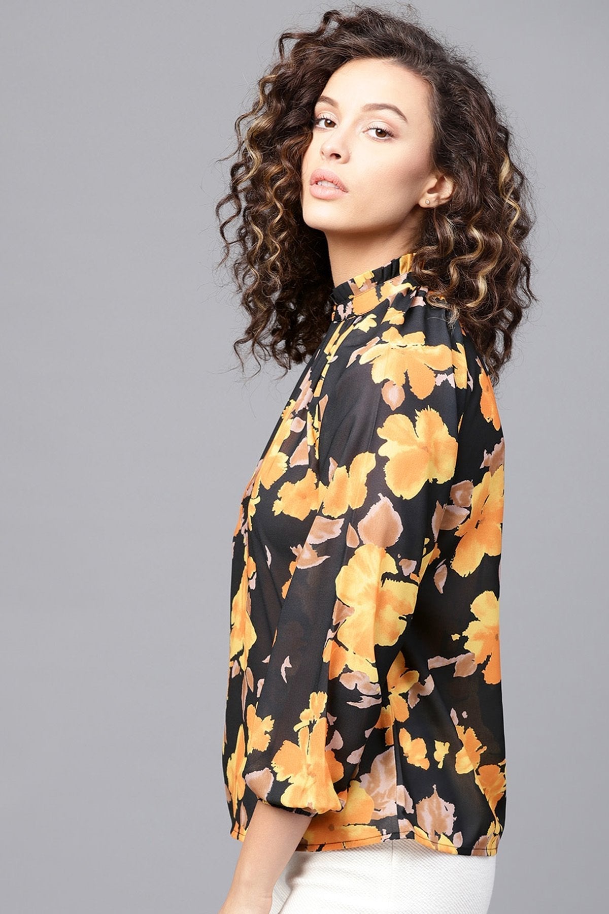 Women's Yellow Floral Pleated Collar Top