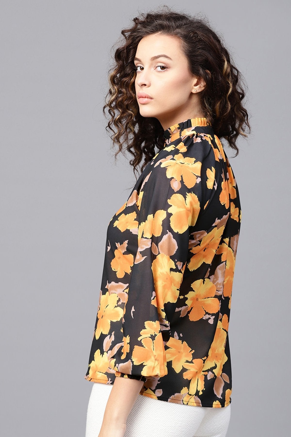 Women's Yellow Floral Pleated Collar Top