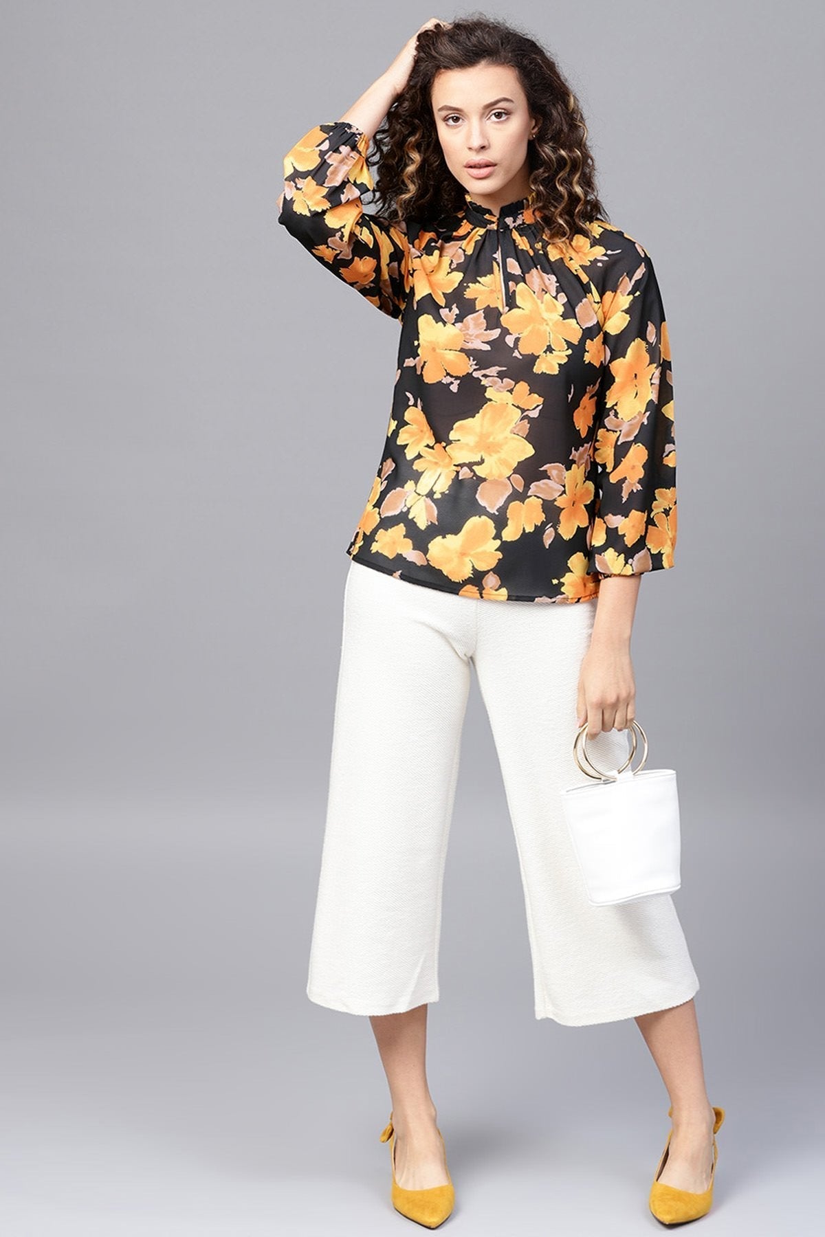 Women's Yellow Floral Pleated Collar Top