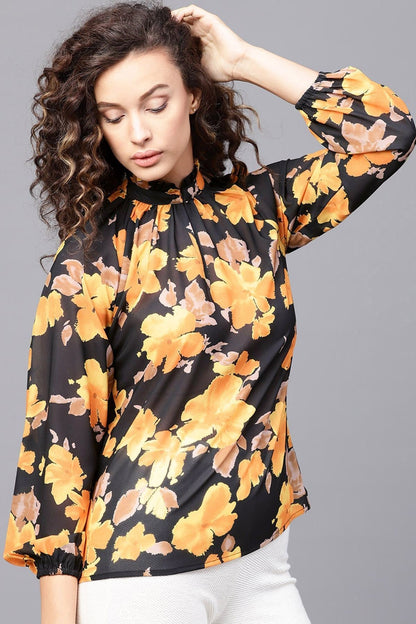 Women's Yellow Floral Pleated Collar Top