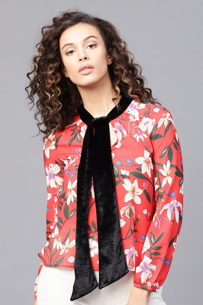 Women's Red Floral Blouse With Velvet Nec