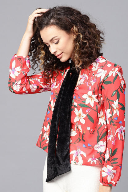 Women's Red Floral Blouse With Velvet Nec