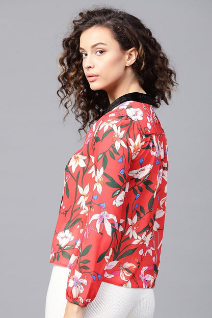 Women's Red Floral Blouse With Velvet Nec