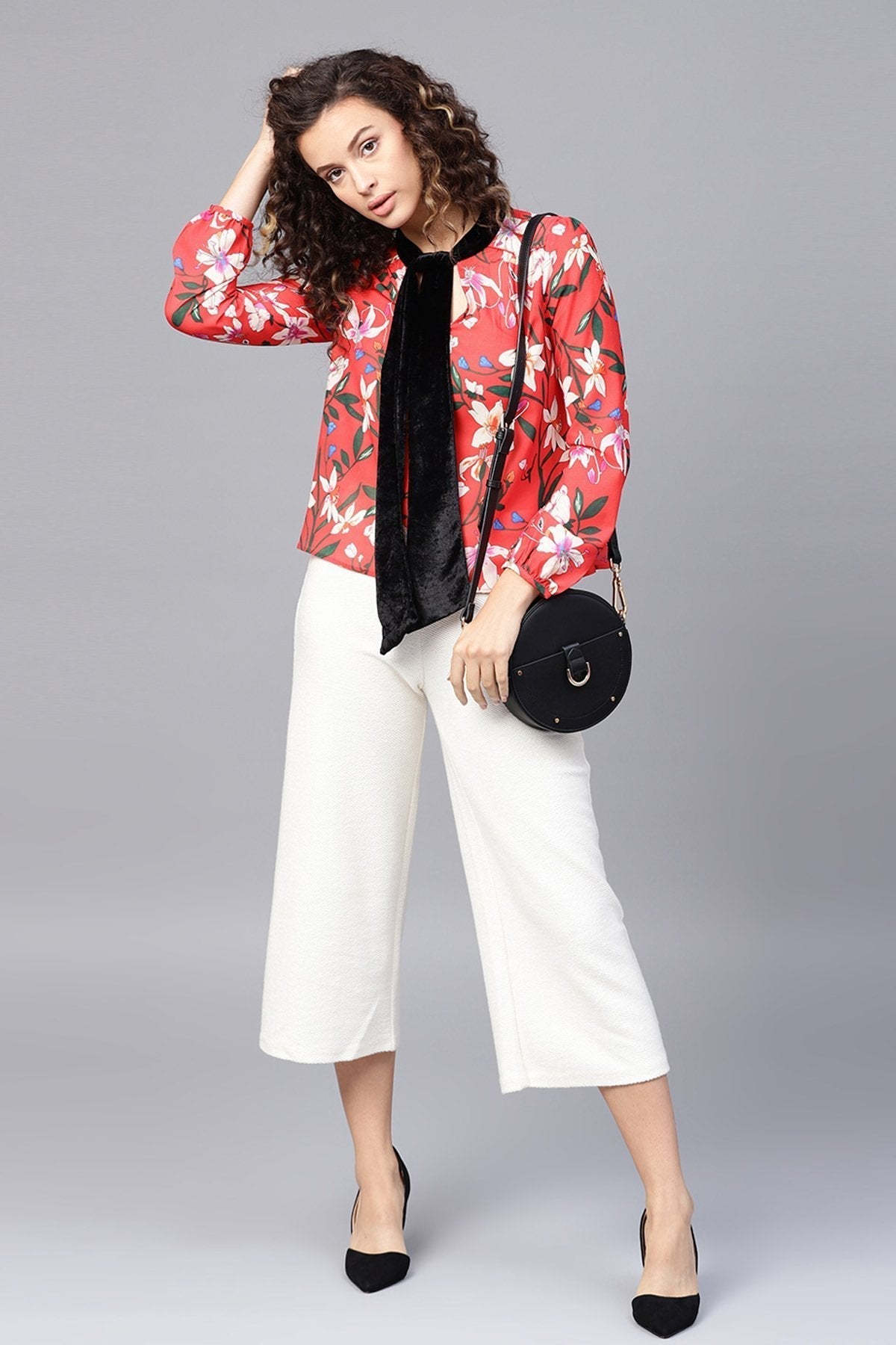 Women's Red Floral Blouse With Velvet Nec