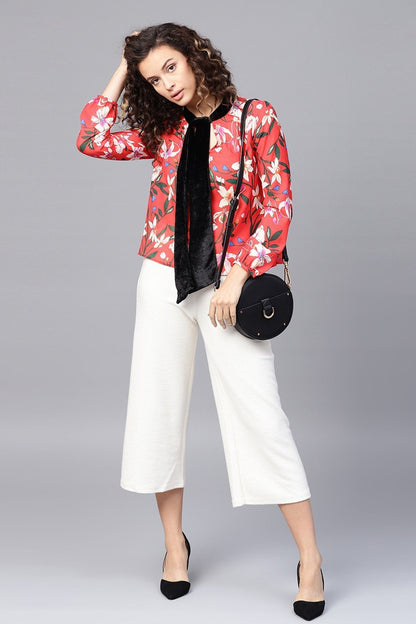 Women's Red Floral Blouse With Velvet Nec