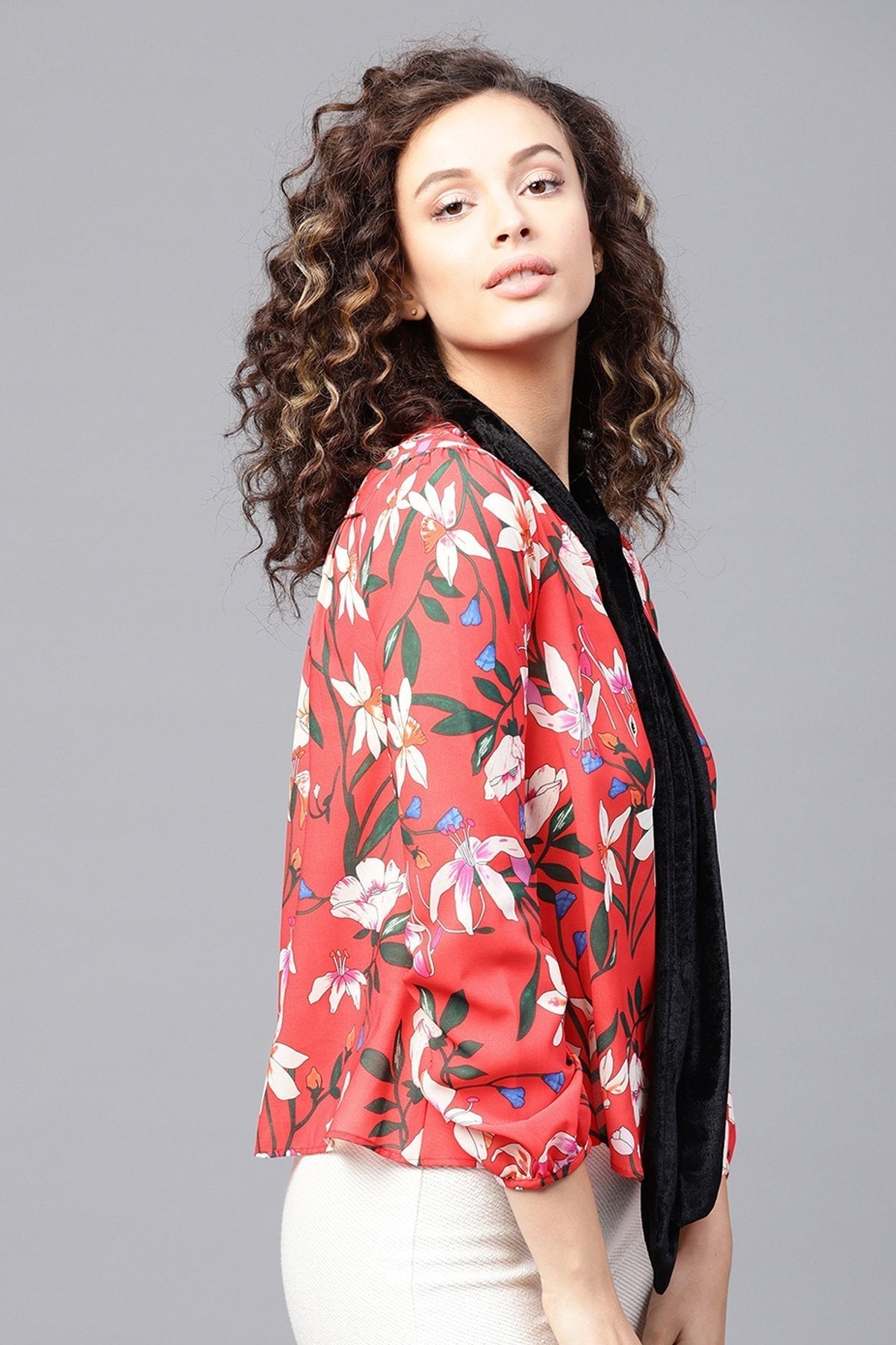 Women's Red Floral Blouse With Velvet Nec