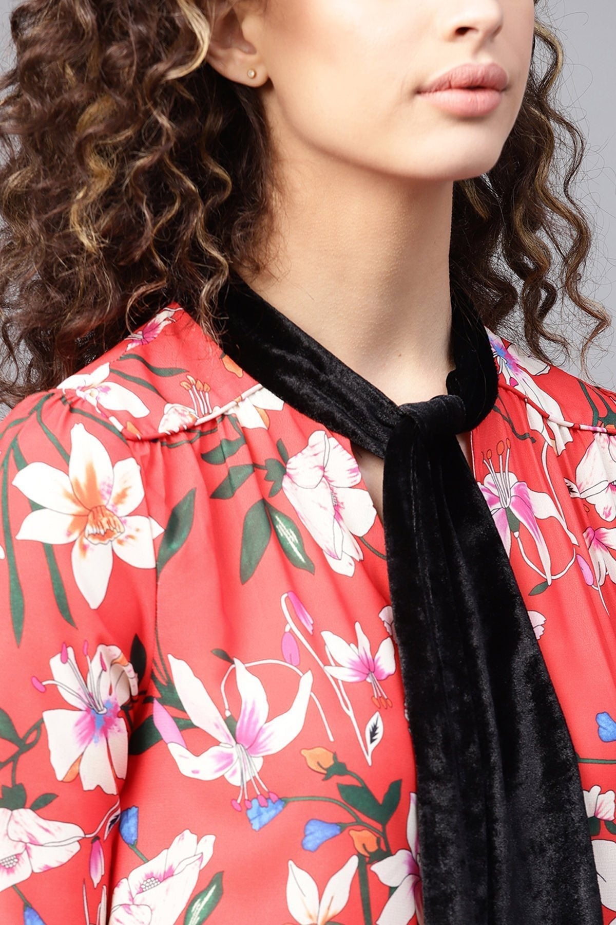 Women's Red Floral Blouse With Velvet Nec