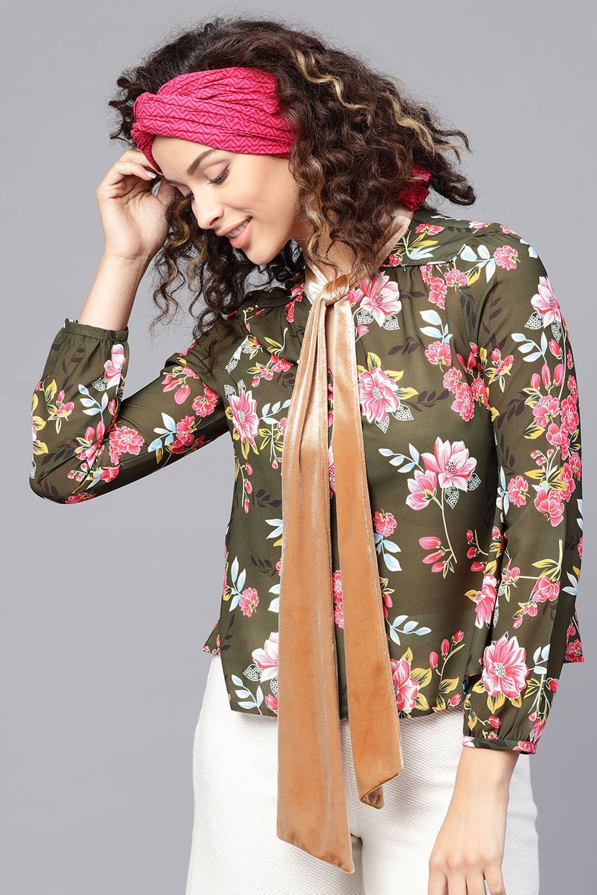Women's Olive Floral Blouse With Velvet Nec