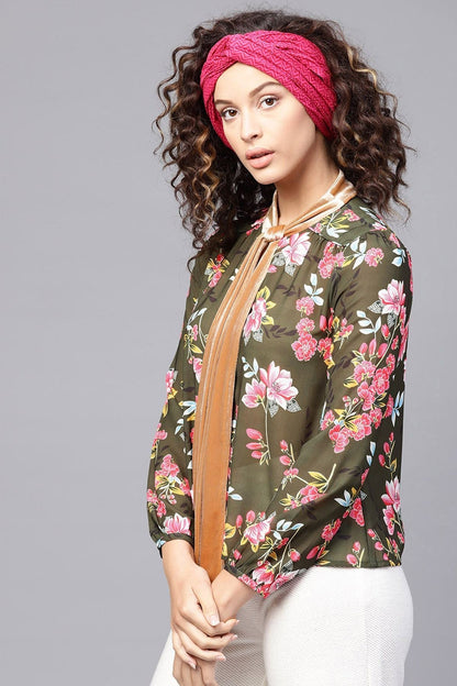Women's Olive Floral Blouse With Velvet Nec