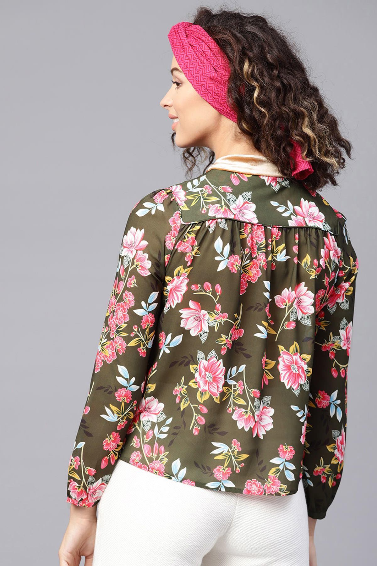 Women's Olive Floral Blouse With Velvet Nec