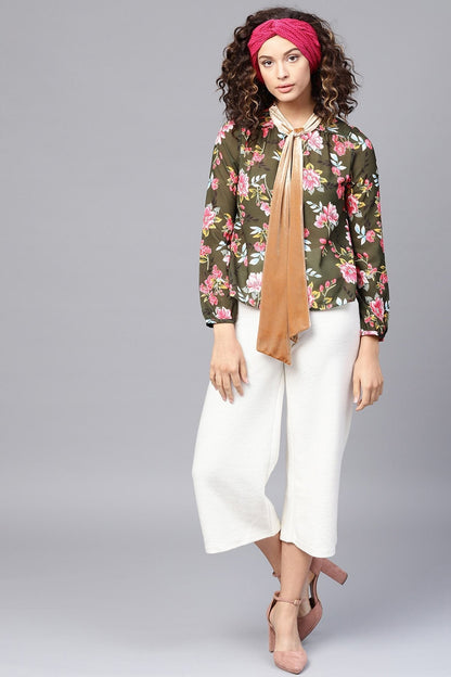 Women's Olive Floral Blouse With Velvet Nec