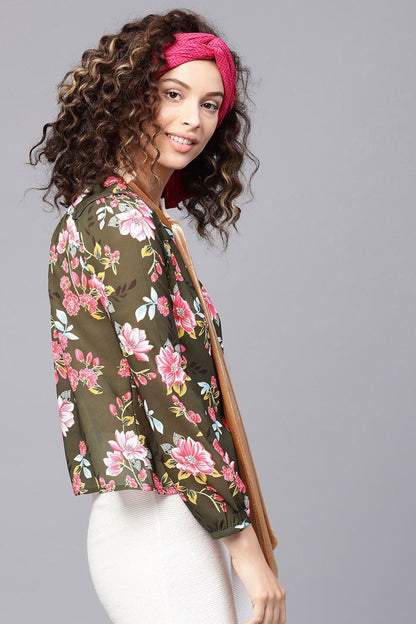 Women's Olive Floral Blouse With Velvet Nec
