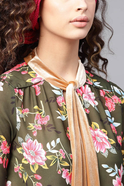 Women's Olive Floral Blouse With Velvet Nec