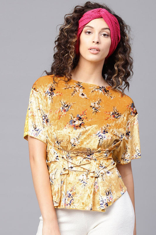 Women's Mustard Floral Velvet Corset Tie-Up Top