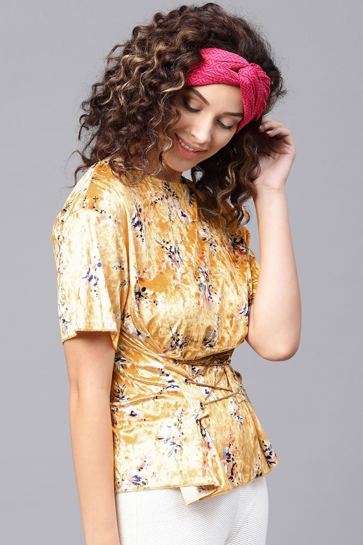 Women's Mustard Floral Velvet Corset Tie-Up Top