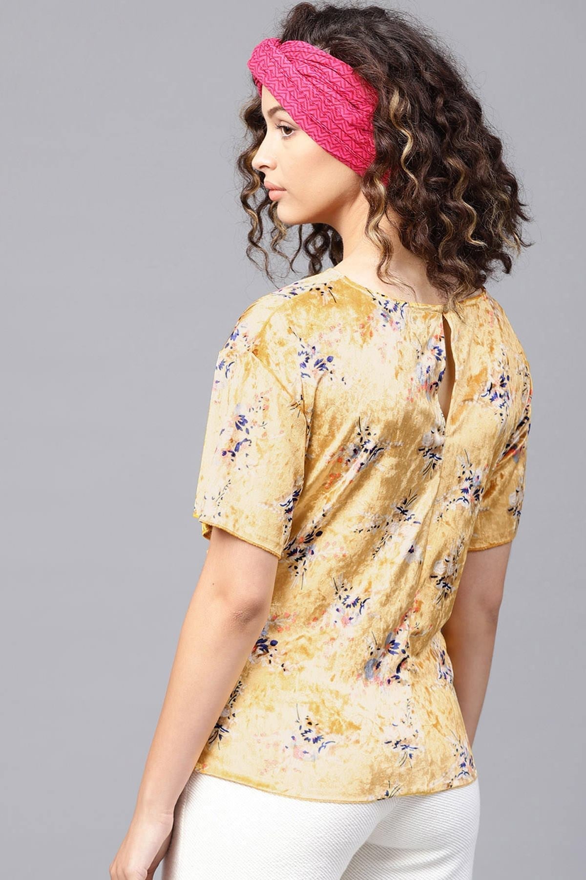 Women's Mustard Floral Velvet Corset Tie-Up Top