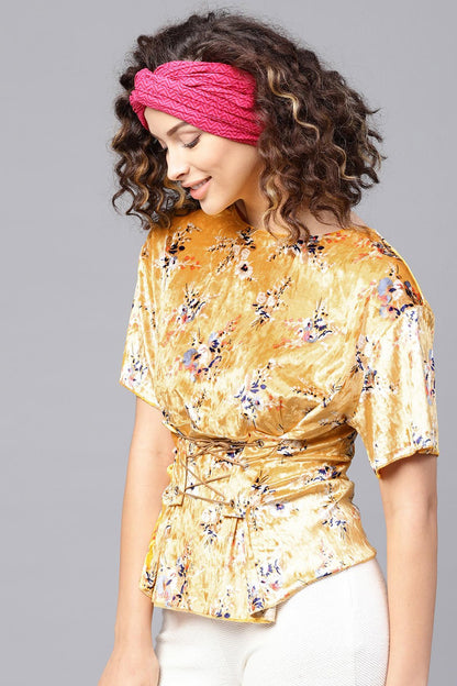 Women's Mustard Floral Velvet Corset Tie-Up Top