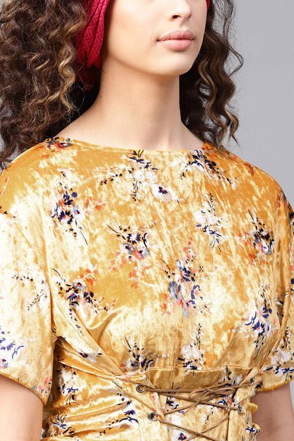 Women's Mustard Floral Velvet Corset Tie-Up Top