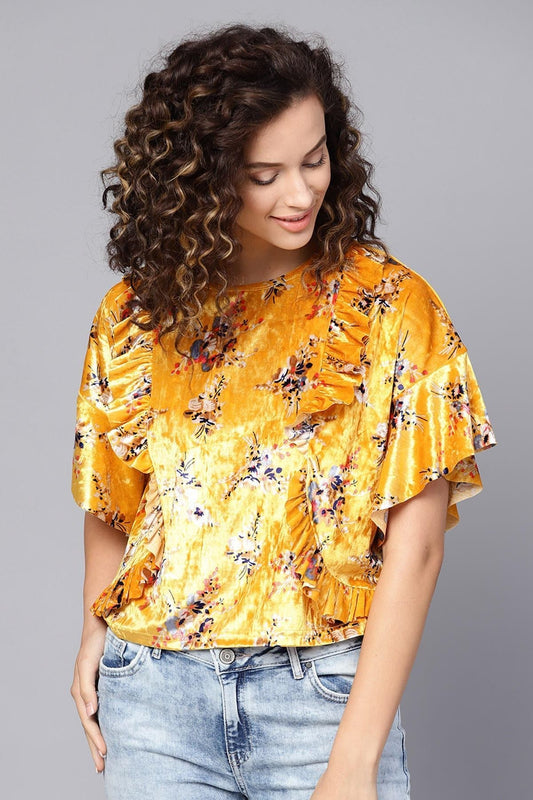 Women's Mustard Floral Velvet Boxy Top