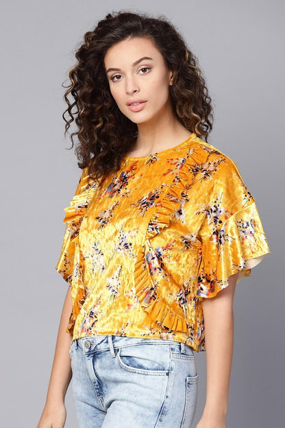 Women's Mustard Floral Velvet Boxy Top
