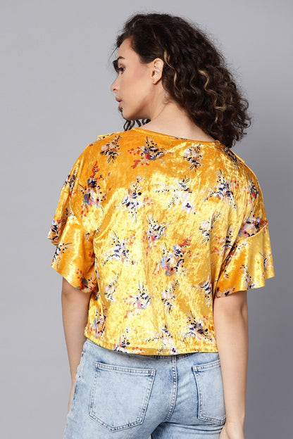 Women's Mustard Floral Velvet Boxy Top