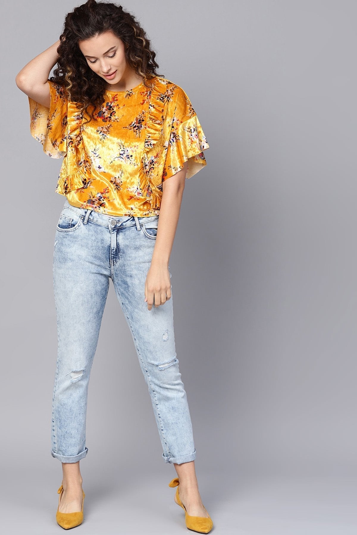 Women's Mustard Floral Velvet Boxy Top