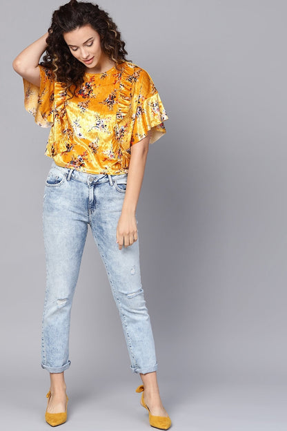 Women's Mustard Floral Velvet Boxy Top