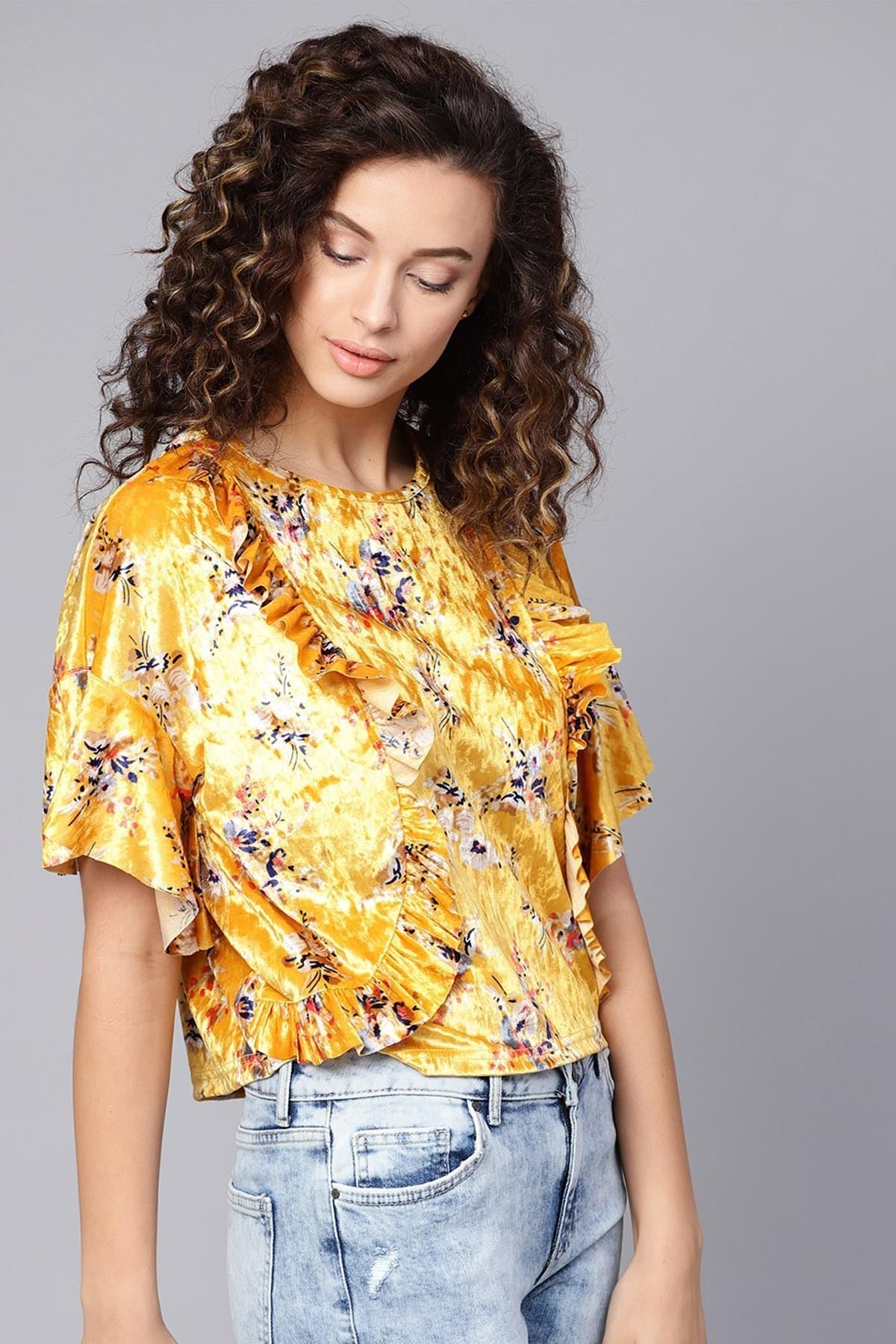 Women's Mustard Floral Velvet Boxy Top